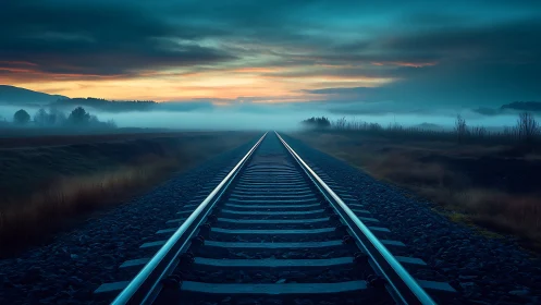 Railway perspective cutting through mist at cinematic dusk.