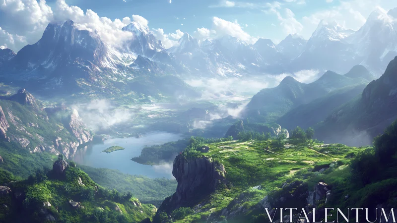 Expansive alpine valley rendered with atmospheric depth and luminous haze