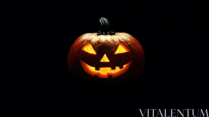 Glowing carved jack o lantern pumpkin on dark black background.