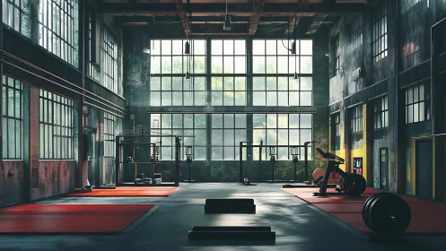 Industrial loft gym interior with dramatic window lighting design.