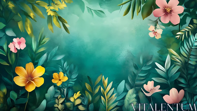 Botanical Eden: Emerald Garden Symphony with Pink and Gold Blooms.