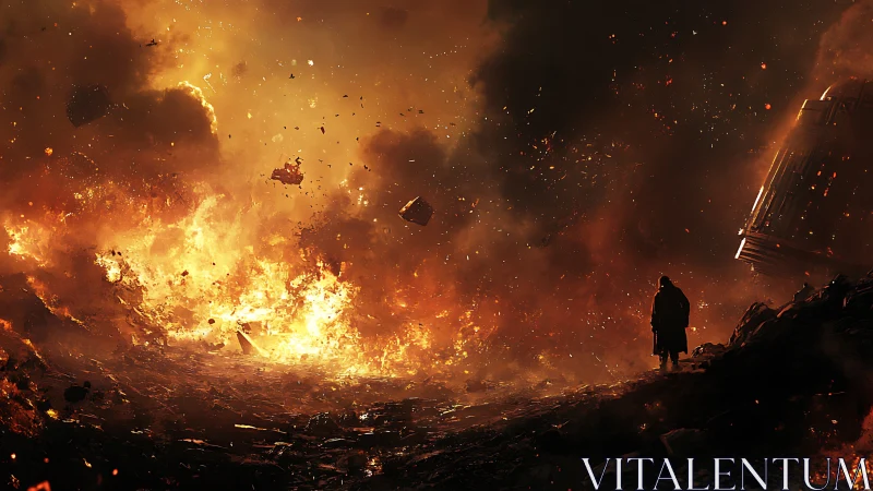 Solitary figure surveying wildfire wreckage and burning debris