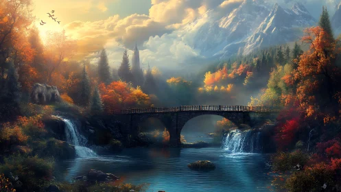 Autumn mountain river under stone bridge with misted light.