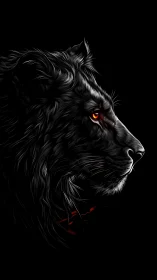 Black lion profile with red eye on dark background.