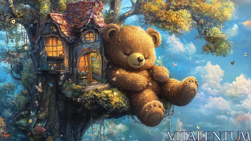 Whimsical teddy bear resting beside illuminated treehouse cottage