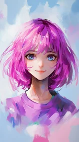 Cotton-candy haired dreamer under watercolor skies.