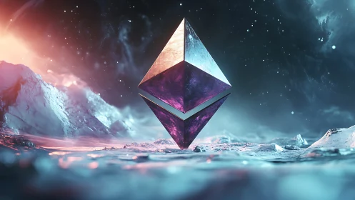 3D crystalline Ethereum monolith in luminous glacial void.