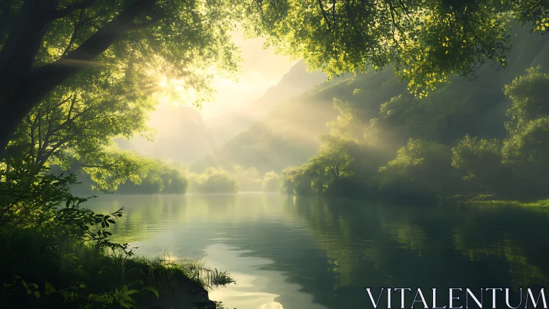 Sunlit forest lake glows softly beneath morning mist.