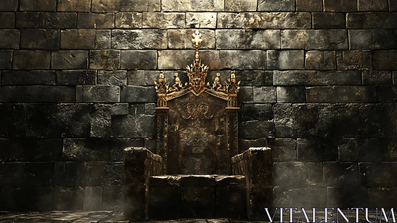 Ornate gold throne stands centered against dark stone wall