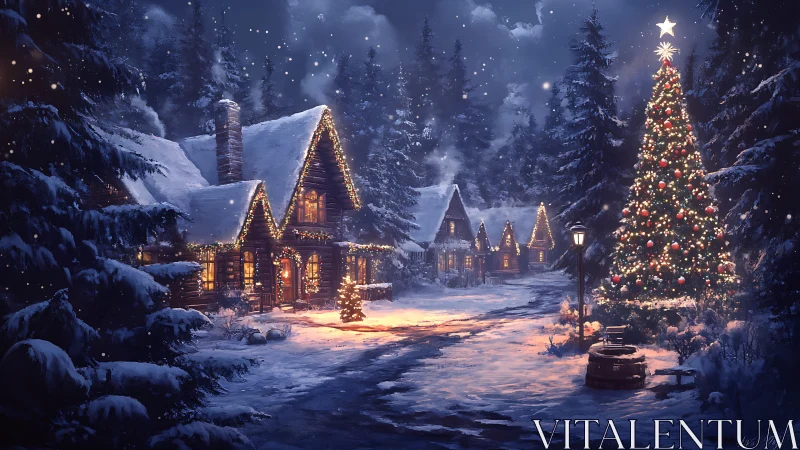 Snow-covered log cabins with illuminated Christmas tree at dusk