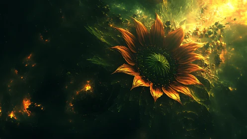 Fiery abstract sunflower against dark cosmic background.