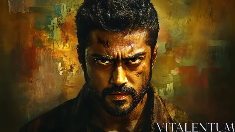 Intense wounded man stares forward against abstract colors.