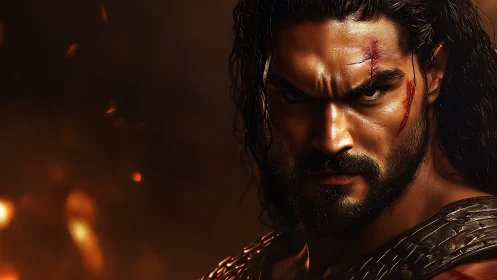 Battle-scarred warrior in intense cinematic close-up lighting