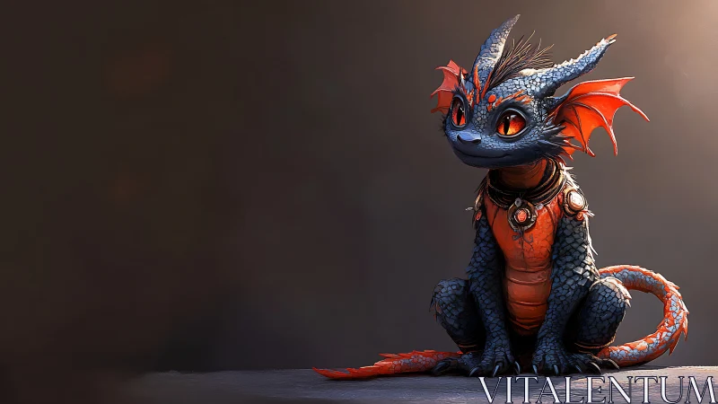 Regal baby dragon in ornate armor on smoky backdrop.