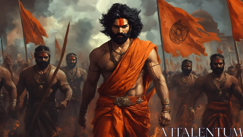 Warrior leader in saffron robes marching with followers.