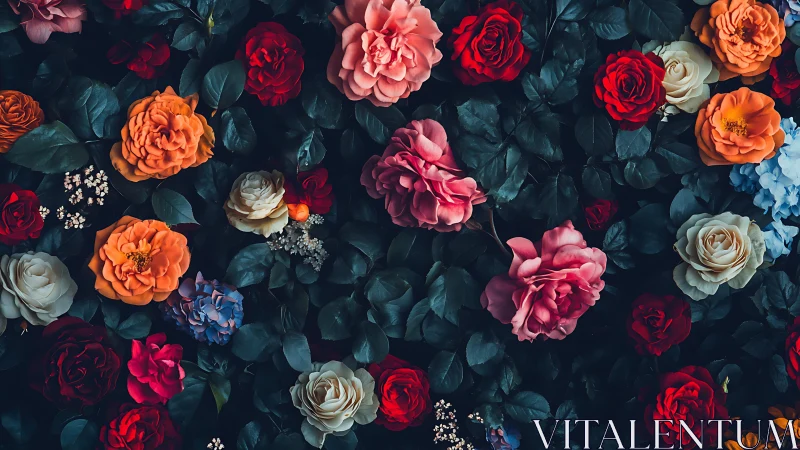 Vibrant Floral Arrangement with Roses and Greenery on Dark Background