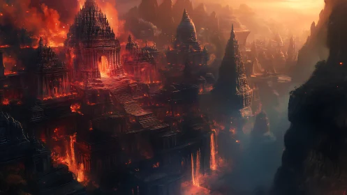 Burning temple megacity engulfed in molten twilight.