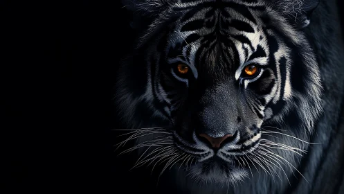 Tiger’s molten eyes pierce through shadowed darkness dramatically.