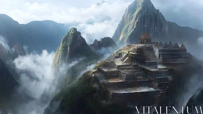 Misty mountain citadel bathed in soft morning light.