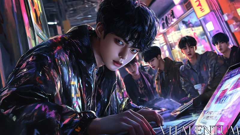 Neon-lit hacker group focuses on screens in a cyber alleyway.