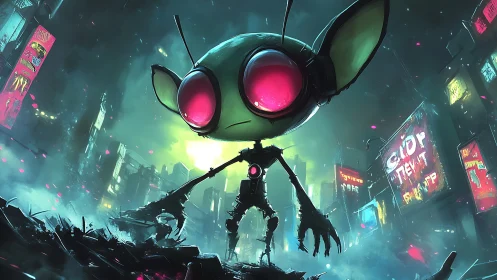 Tiny alien explorer strides boldly through neon city ruins