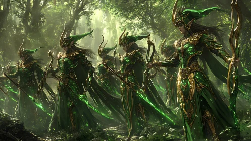 Graceful elven archers guarding a sunlit enchanted forest.