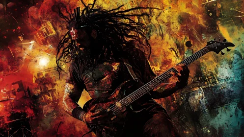 Dreadlocked metal guitarist in dynamic abstract color explosion
