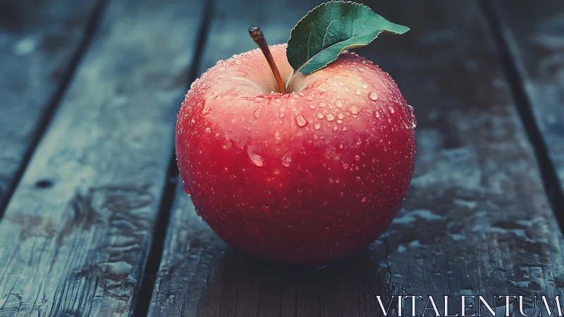 Morning-kissed crimson apple resting on weathered wood.