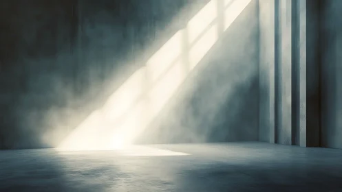 Sunlit diagonal beam in sparse concrete interior space.