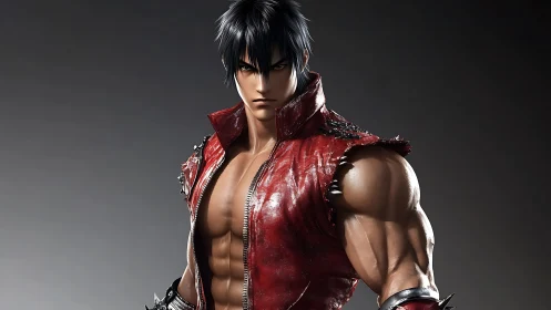 Leather-clad fighter glares through cinematic studio shadows