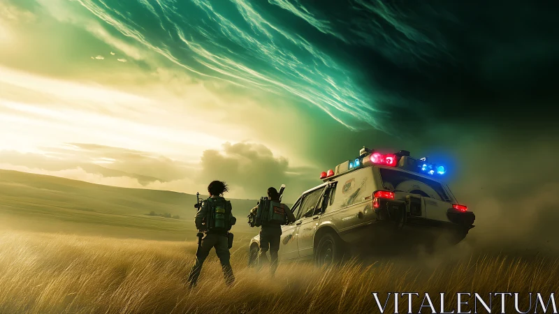 Storm-chasing patrol car under swirling alien sky.