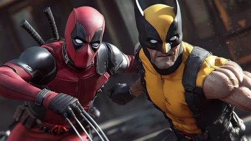 3D action duo in dynamic close-quarters combat composition.