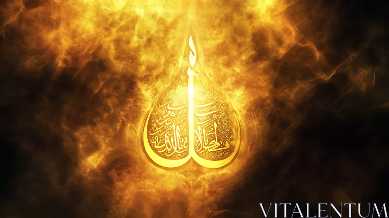 Luminous Arabic calligraphy emblem emerging from golden flames.