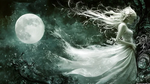 Moonlit spirit bride drifting through luminous storm tides.
