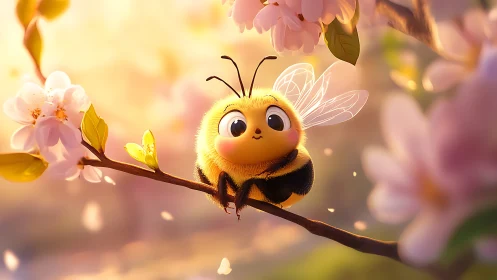 Daydreaming blossom bee perched in pastel spring light.