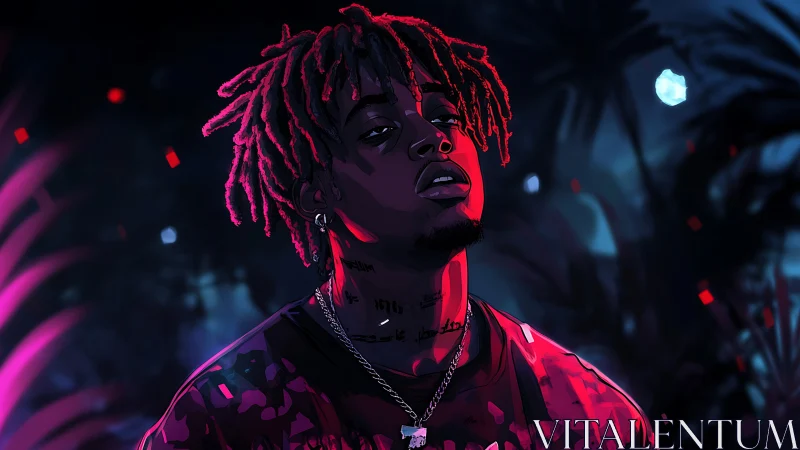 Neon-lit rap portrait glows against a moody jungle night