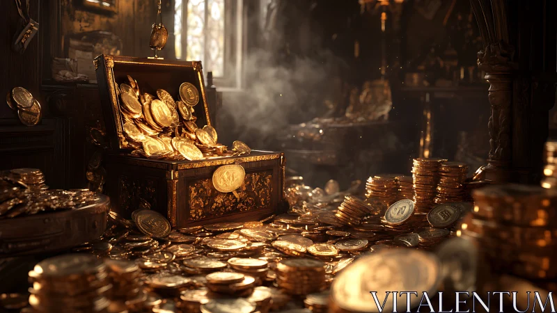 Photorealistic treasure chest amid cascading gold coins.