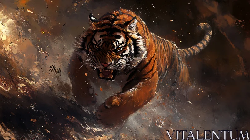Dynamic digital painting of a charging tiger in motion storm.