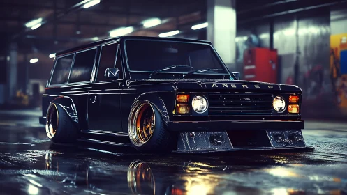 Low-slung custom black SUV in reflective garage scene.