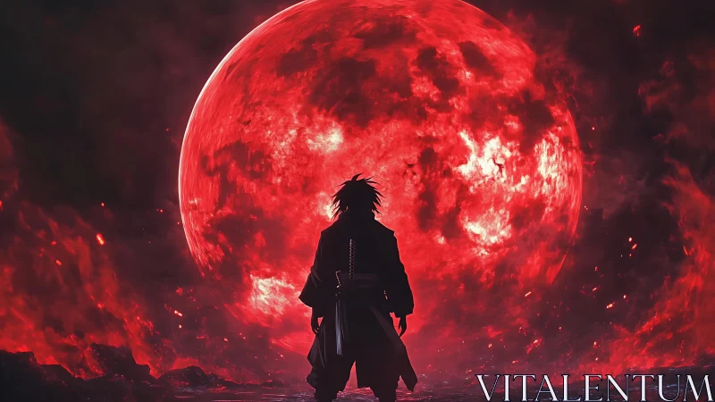 Swordbearer silenced beneath a raging crimson moonrise.