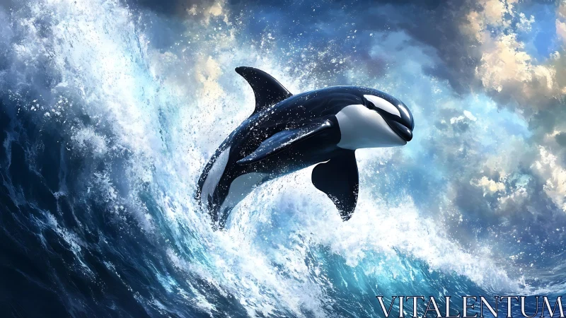 Orca leaping through stormy ocean waves at sunrise.