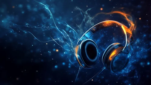 Over-ear headphones with blue-orange energy plasma trails in void
