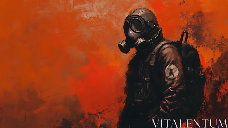 Lone gas-masked wanderer stands in a fiery wasteland haze