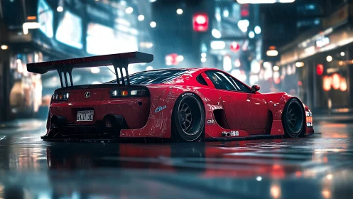 Widebody Lexus GT racer under neon rain with high-downforce aero