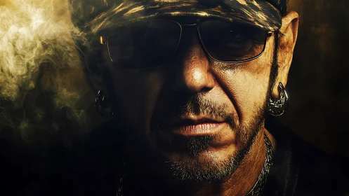 Hardened man portrait framed by smoke and low light.