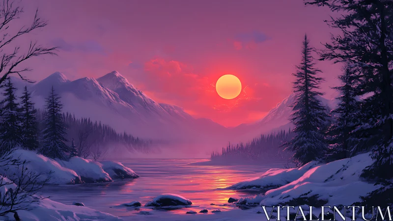 Vibrant alpine sunset illuminates snowy conifer shoreline