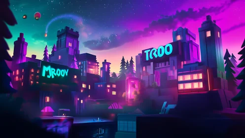 3D neon cityscape with stylized block architecture at dusk.