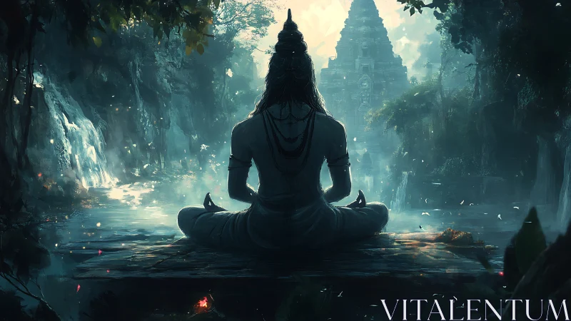 Meditating deity overlooks misty jungle temple at dawn
