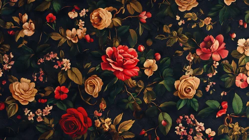 Baroque floral pattern with red and ochre roses on dark ground