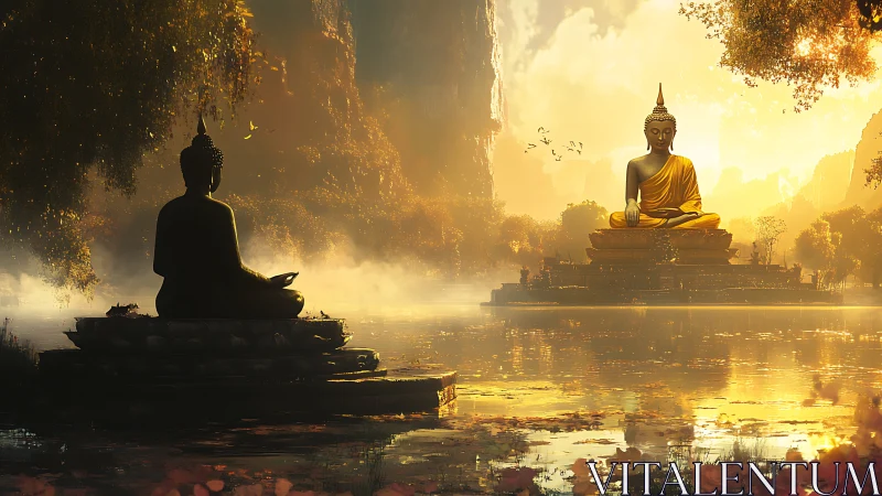 Golden lake scene with meditating Buddha statues at dawn.